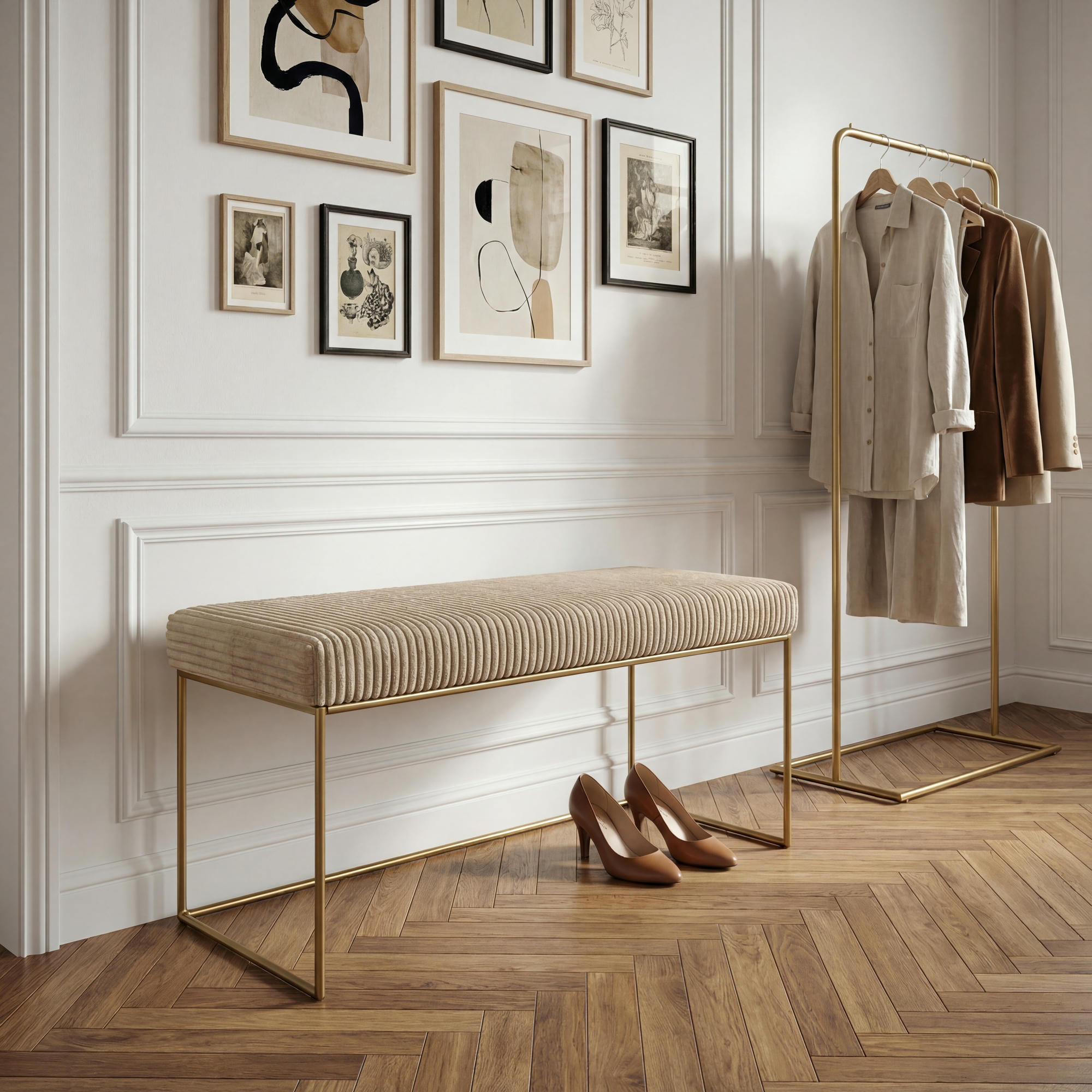 Pufa ławka tapicerowana złota przedpokoju beżowa