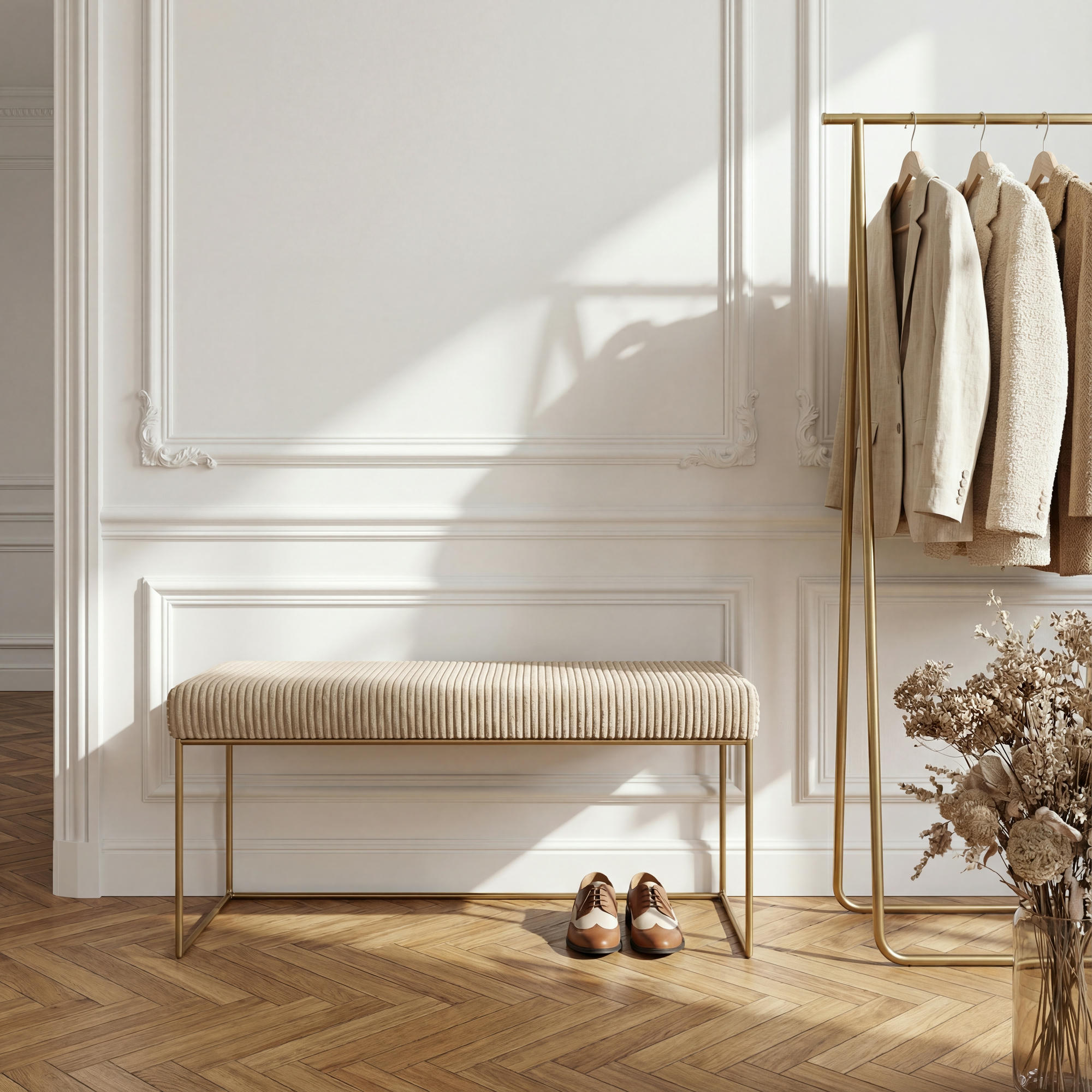 Pufa ławka tapicerowana złota przedpokoju beżowa